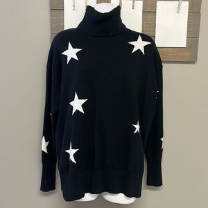Black w/ Stars Turtleneck Viscose Blend Long Sleeve Sweater w/Side Slits- Medium